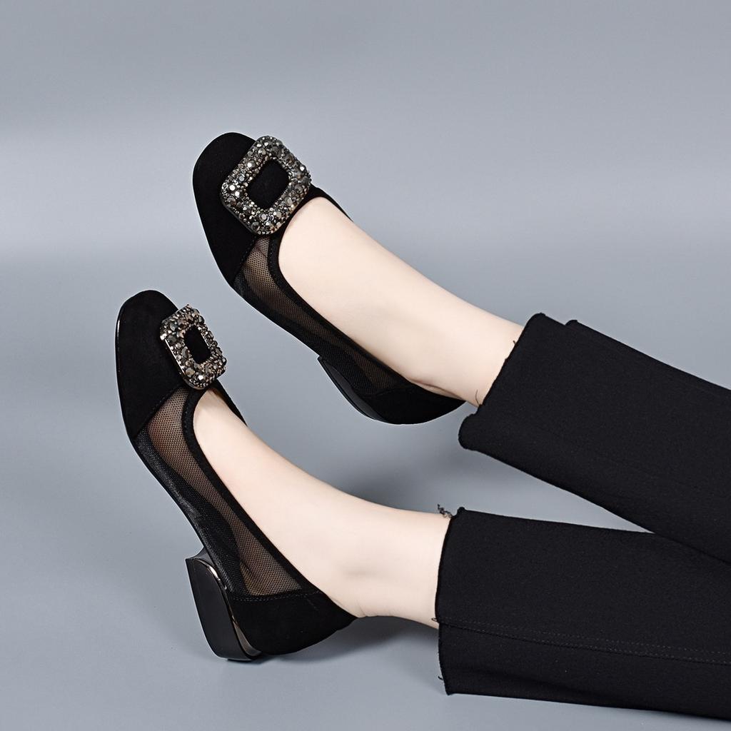 Сетчатые туфли-лодочки женские с круглым носком черные квадратная пряжка стразы на одной педали сетчатые туфли удобные с мелким вырезом туфли на плоской подошве