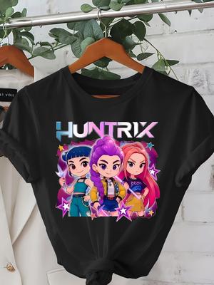 Женская футболка с графикой Kpop Huntrix, яркая мультяшная, с персонажами с фиолетовыми и розовыми волосами, с коротким рукавом, с круглым вырезом, топ для весны-лета