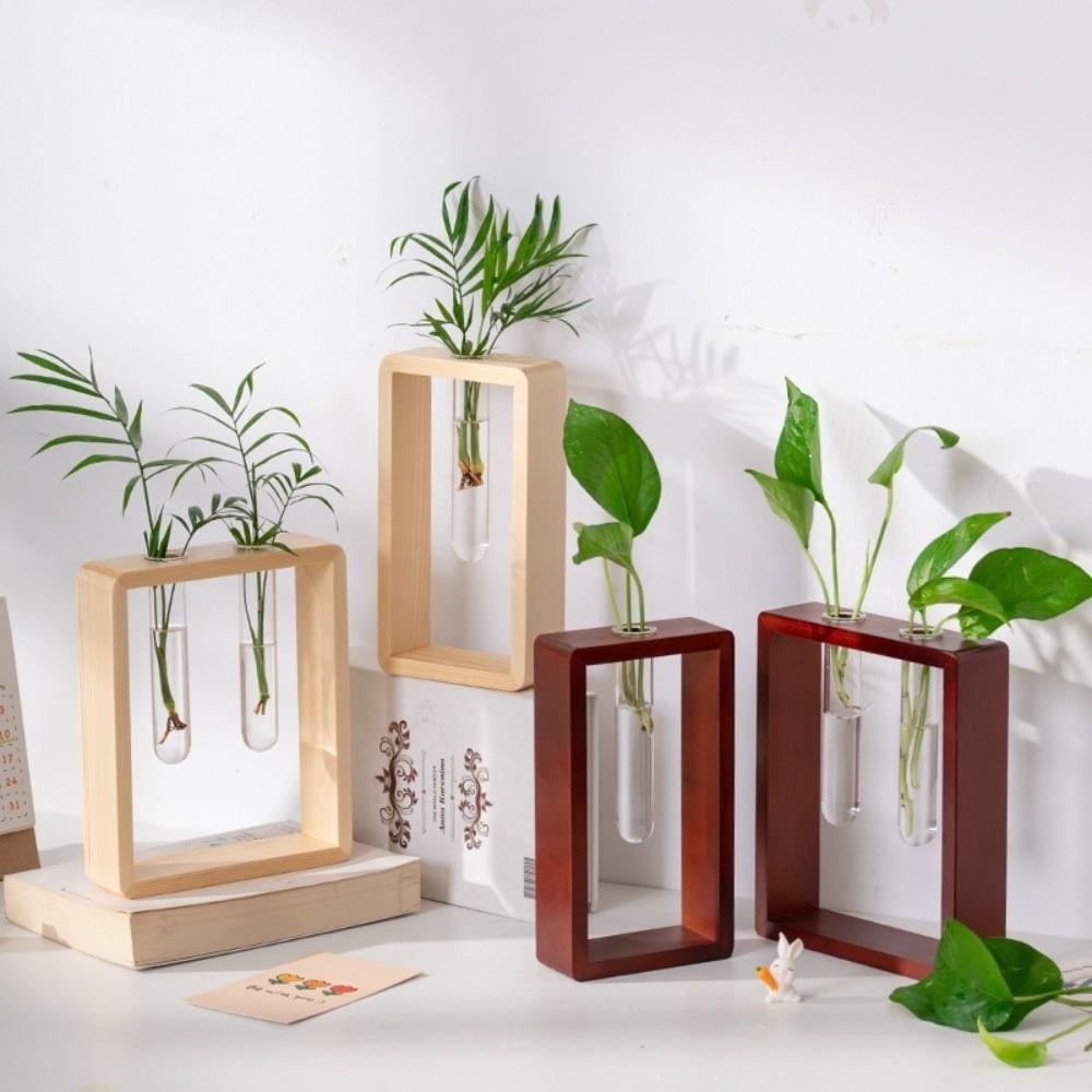 Wooden Hydroponic Flower Vase Home Decoration Flower Holder Glass Tube Vase Living Room