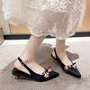 Fashion Satin Pointed Toe Flower Design Flat Sandals Women Summer Back Strap Buckle Square Low Heel Mules Shoe Elegant Women's Flat Shoe