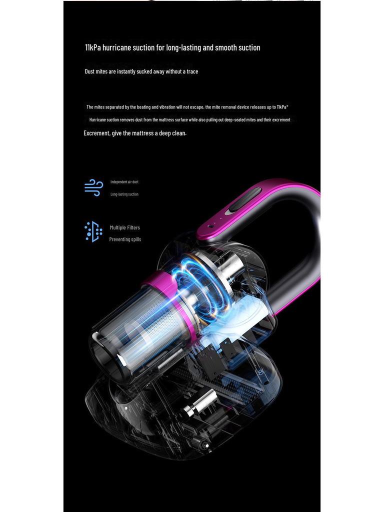 Ручной беспроводной пылесос с функцией удаления клещей, стерилизацией синим светом, большой мощностью всасывания и функцией мытья полов для использования дома и в автомобиле