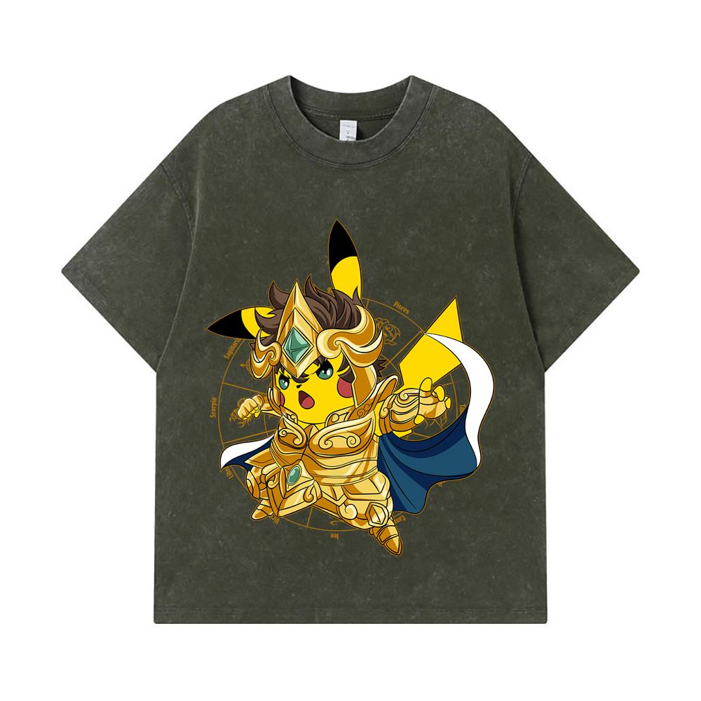 275 GSM Washed T-shirts 100% Cotton Pokemon V25 Pikachu Leo Print Unisex Heavy Cotton T Shirt