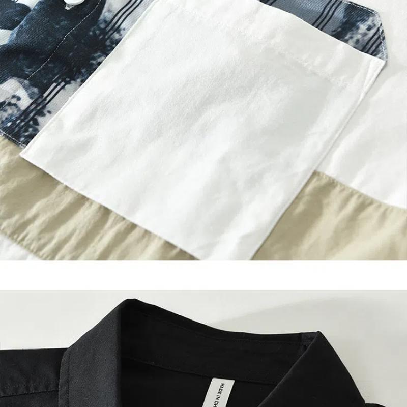 Корейская модная белая рубашка с длинным рукавом, мужская весенне-летняя мужская одежда из чистого хлопка, уличный стиль, свободный топ, лоскутная рубашка с принтом и карманом