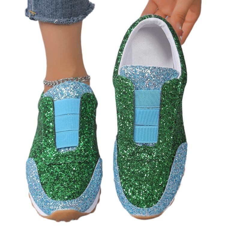 Women's Glitter Slip-On Flats, Rhinestone Elastic Platform Loafers, Round Toe Casual Shoes In Stock