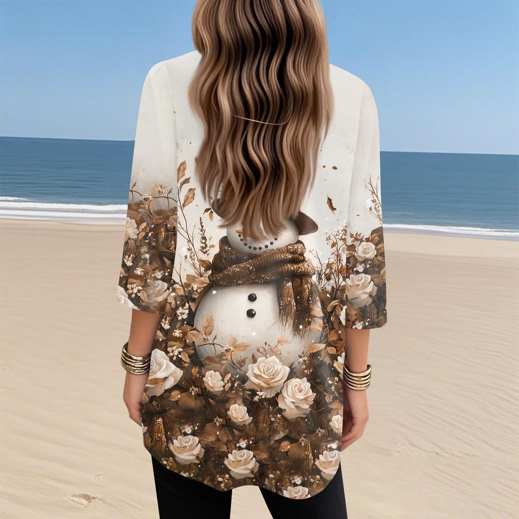 Женские топы с V-образным вырезом и рукавом 3/4, повседневные блузки средней длины, модные туники с рождественским принтом и карманами