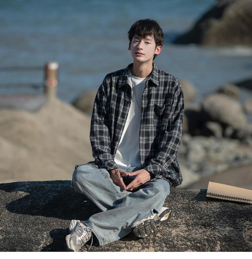 Мужская рубашка в клетку с длинным рукавом в стиле ретро - повседневная куртка на весну/осень