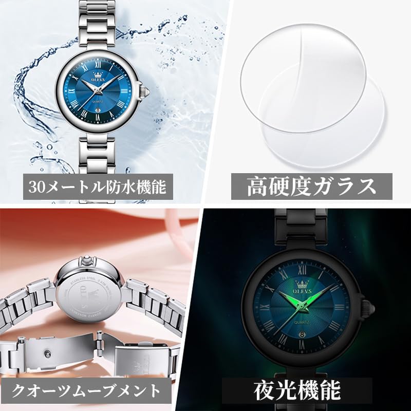 Часы OLEVS, кварцевые, милые, легкие, из нержавеющей стали, водонепроницаемые, светящиеся, настоящие, женские, синие, женские