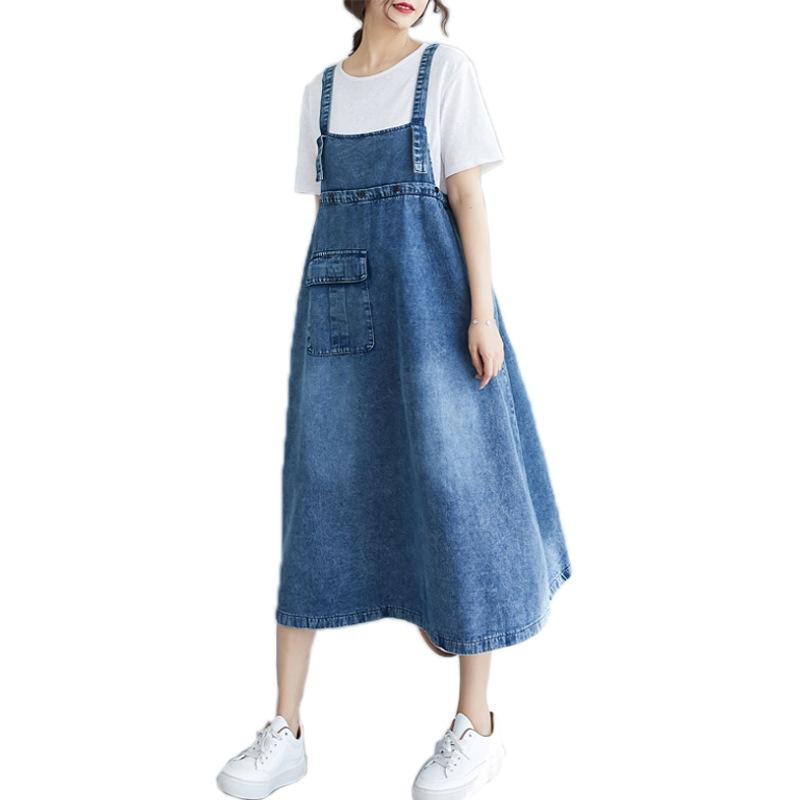 2025 весна и лето новая корейская версия джинсовая лямка средней и длинной универсальной свободной маятниковой однотонной тонкой юбки