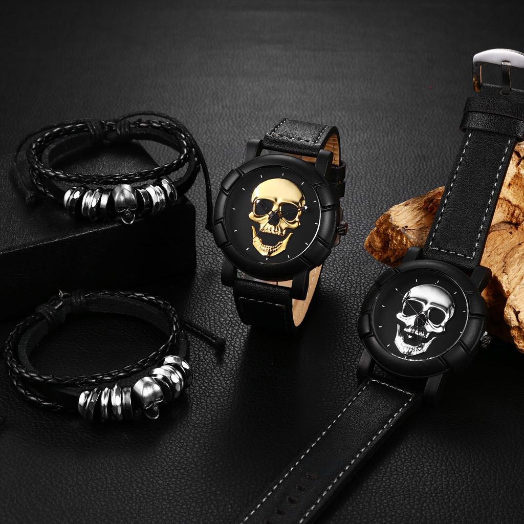Skull Watch Bracelet for Rock Accessory Halloween Gift Men, 2-Piece Set, Punk, Skull, Leather, Strap, Analog, Waterproof, Black, Gothic, -