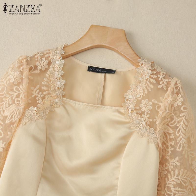 ZANZEA Женская повседневная атласная блузка с квадратным вырезом, кружевной вставкой и рукавами до локтя