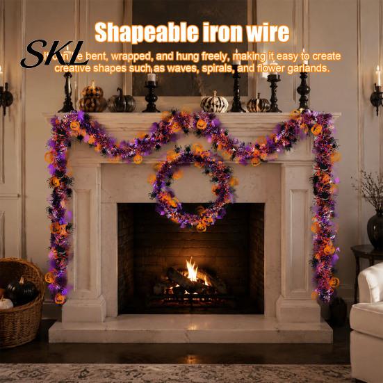 Flexible Iron Wire Tinsel Ribbon 78 Inch Halloween Garland, Shiny Metallic Twist Garland with Orange Pumpkin Encrypted Thick Three Dimensional