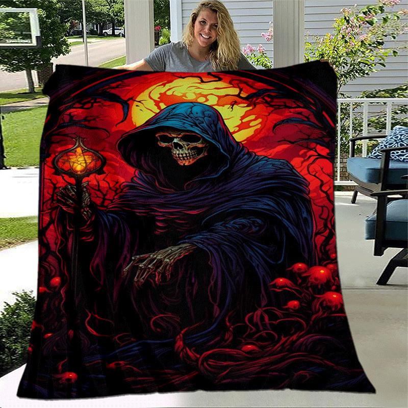 1pc Skeleton Printing Lightweight Flannel Blanket, Comfortable and Warm Blanket, for Camping Sofa Bed and Couch Office, Gift