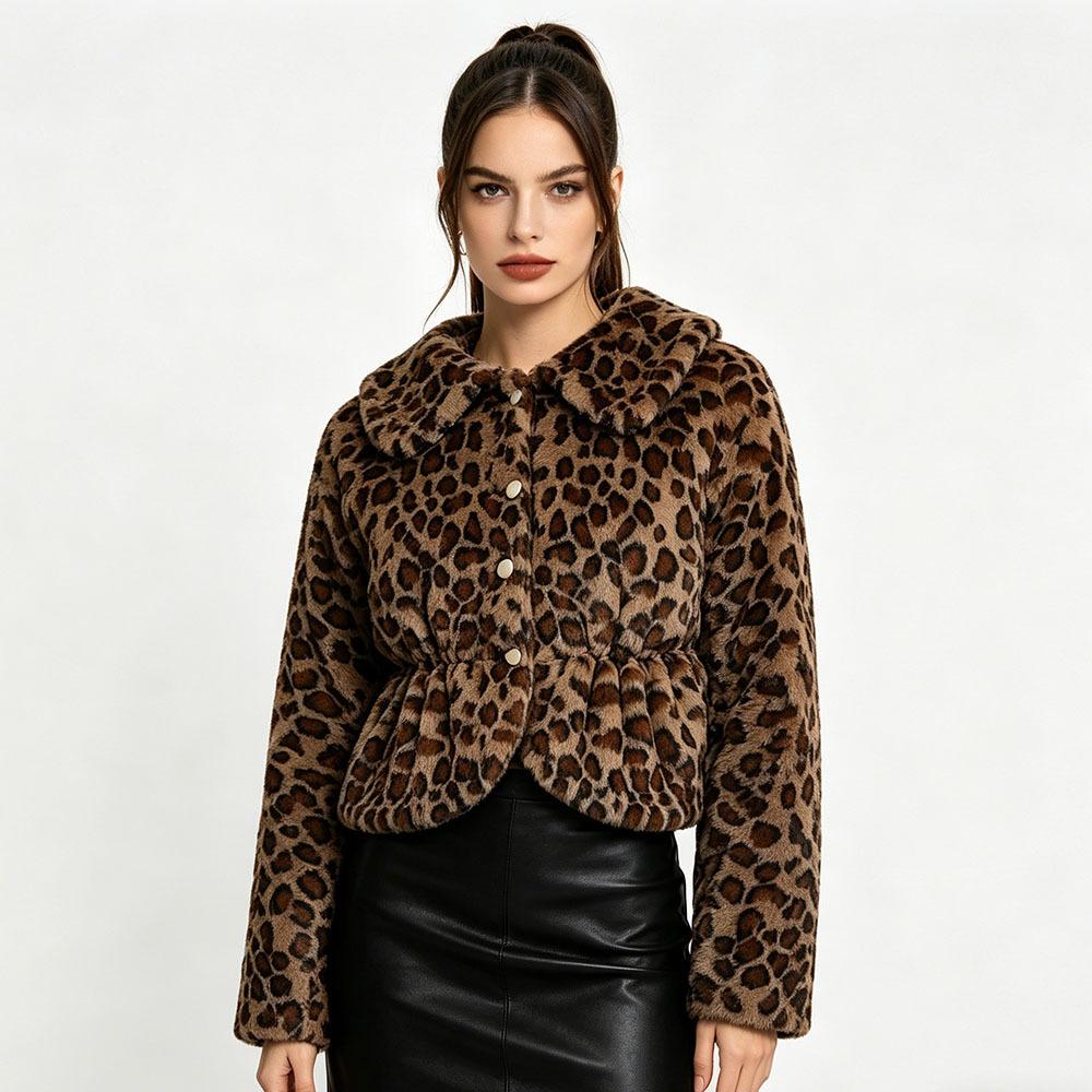 European and American autumn and winter women's clothing doll collar elastic waist long sleeve leopard print short plush imitation fur casual coat