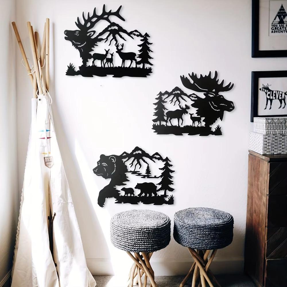 Набор из 3 больших 14-дюймовых черных оленей, медведей и лосей, настенное искусство, деревенский декор для охоты, стильные украшения на тему дикой природы
