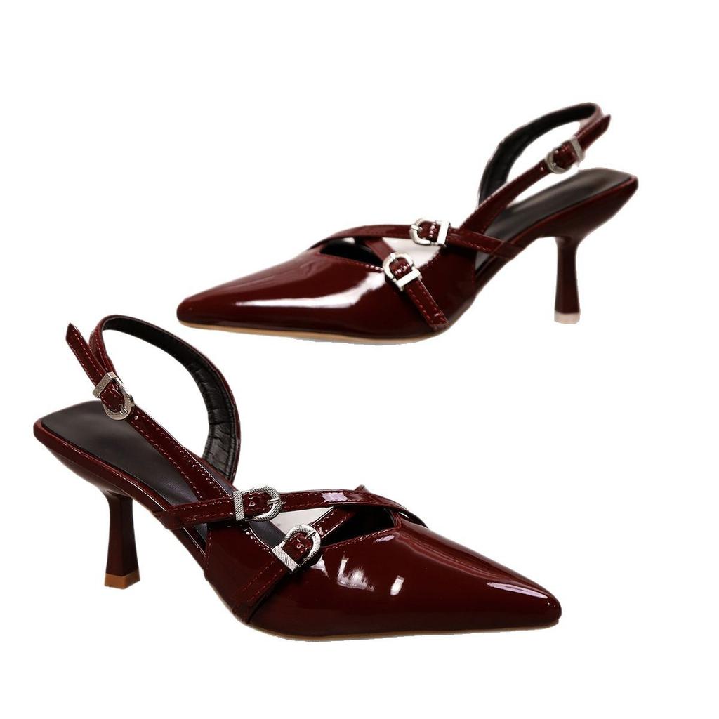 2025 весна новые французские остроносые босоножки с заостренным носком женские с тонким каблуком и пряжкой на ремне фея ветер низкие каблуки одинарные женские