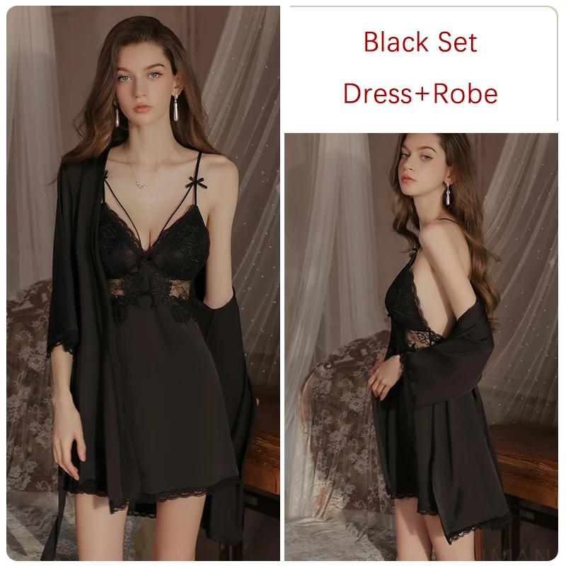 Silk Pajamas Women's Nightgown Set Slip Dress with Push Up Bra Sexy Women's Pajamas