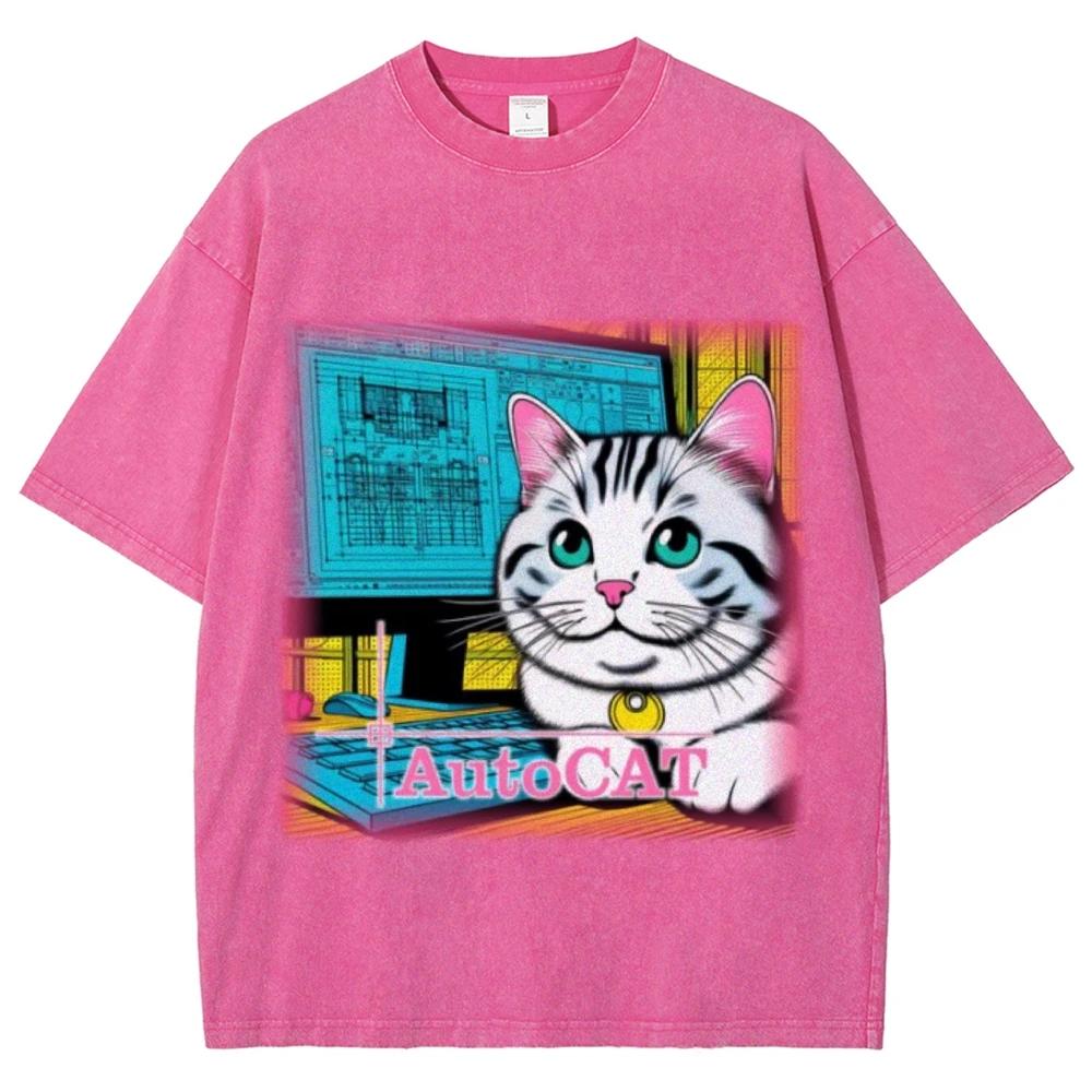 Винтажная ретро футболка с эффектом стирки, с принтом милого мультяшного кота с большими глазами, летняя, мужская и женская, свободного кроя, с коротким рукавом
