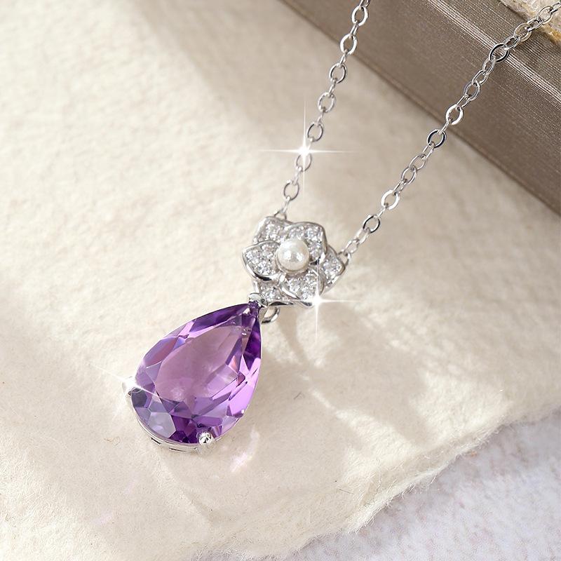 Natural Crystal Stone Pendant S925 Silver Necklace Women's European American High-End Ice Flower Cut Colored Gemstone Jewelry