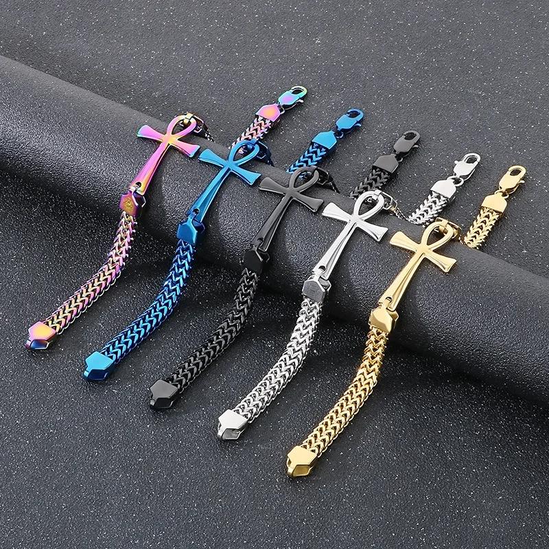 Bracelet Vintage Charm Pendant Amulet Talisman Ankh Cross Men Women Stainless Steel Egypt Egyptian Key Life Religious Jewelry Gift Hip Hop Rock Goth