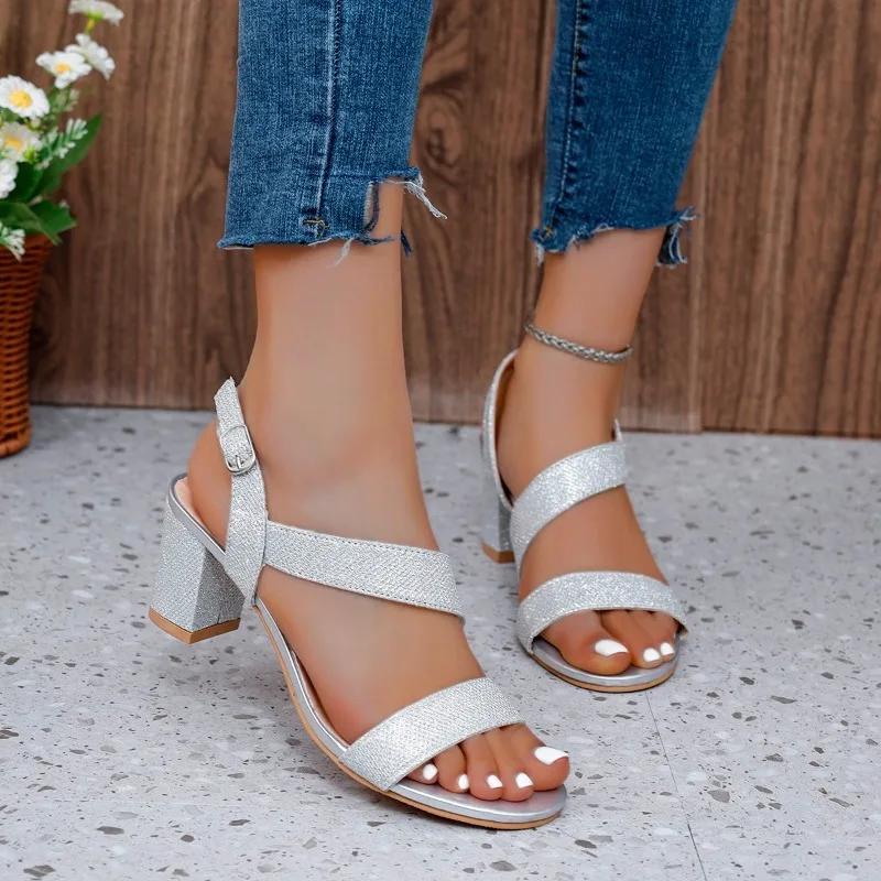Shoes for Women 2024 Brand Summer Women's Sandals One-word Buckle Solid Open Toe High Heels Daily Work Dress Sandals Women