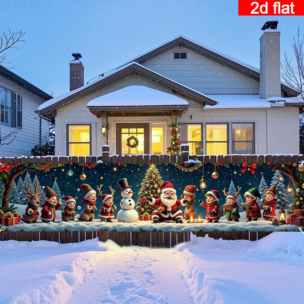 Christmas Party Courtyard Banner, Adorable Elves Snowmen Santa Claus Pattern, Polyester Outdoor Indoor Decoration