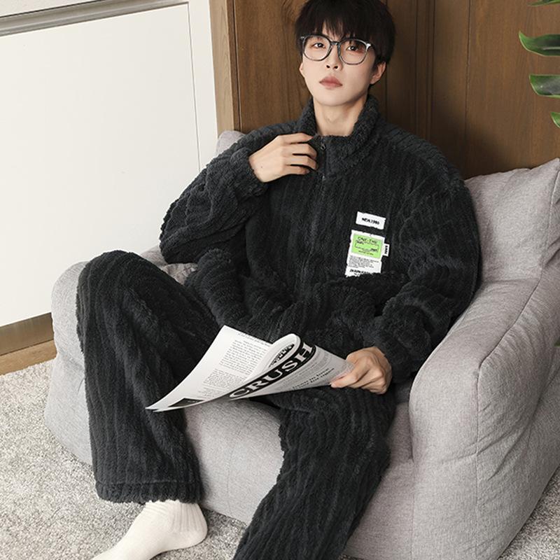 M-8XL Пижама больших размеров мужская зимняя коралловая флисовая толстая бархатная на молнии кардиган пижама однотонный теплый домашний костюм
