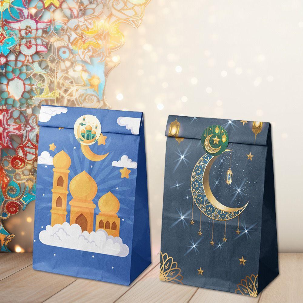 12Pcs Multicolor Eid Mubarak Gift Bag Kraft Paper Flat Open Bags Ramadan Gift Bag Ramadan Party