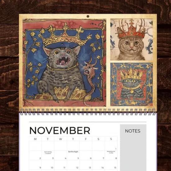 2026 Medieval Cat Calendar with Crowns Whimsical Art Monthly Wall Calendar Unique Gift for Cat Lovers