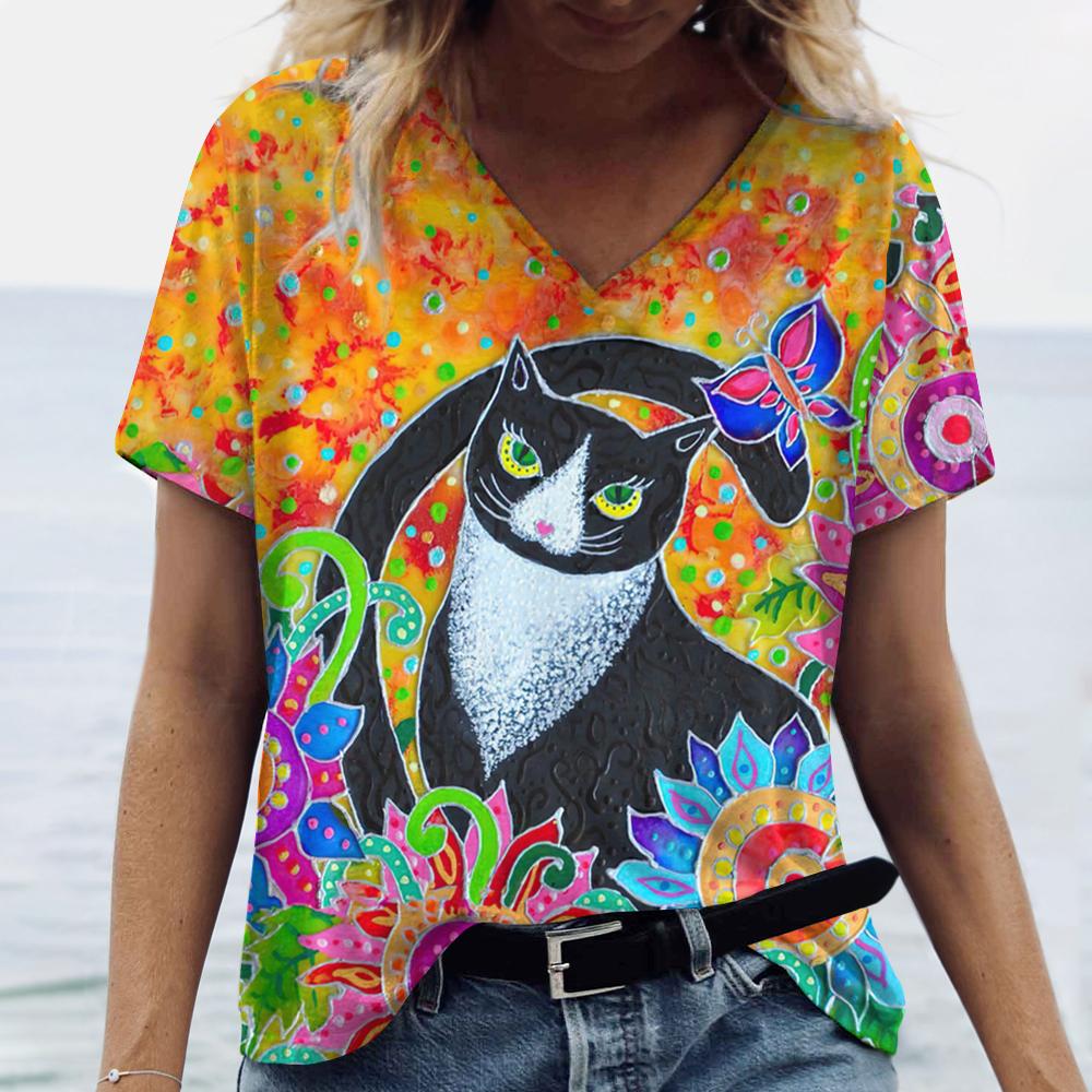 Летние женские футболки с мультяшным котом, винтажные топы с коротким рукавом, футболки с V-образным вырезом для девочек, женская одежда, свободный свитер