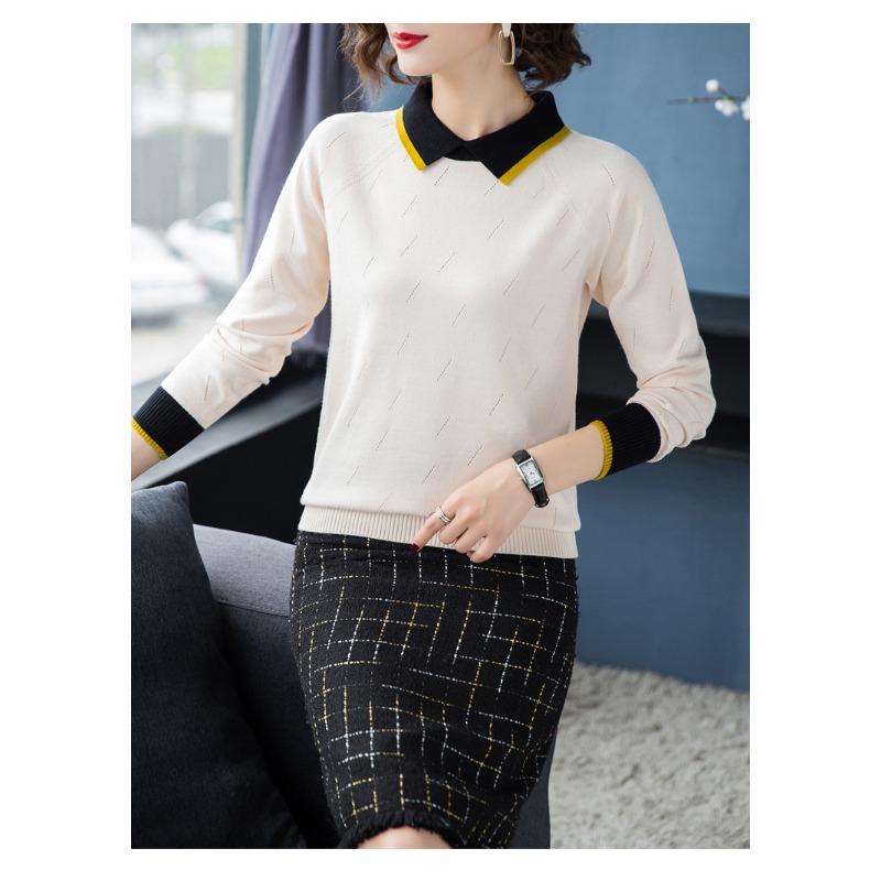 Женский трикотажный свитер с воротником поло и длинными рукавами, свободный повседневный свитер, однотонный короткий свитер для поездок на работу на осень и зиму