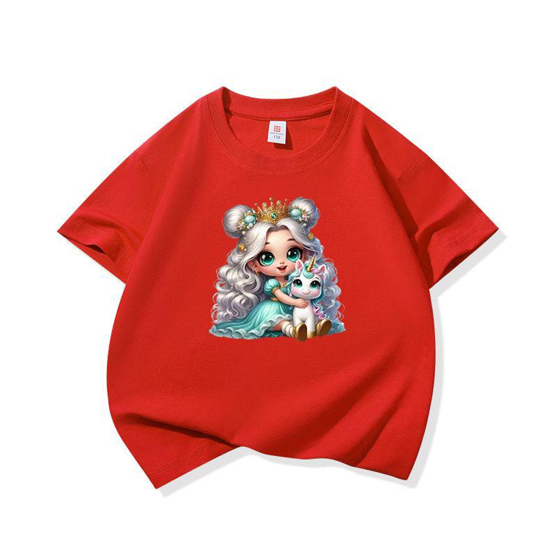 Kids Cotton T Shirt Crowned Princess Girl Hugging Unicorn Print Crew Neck Short Sleeve Tee Casual Boys Girls Summer Tops