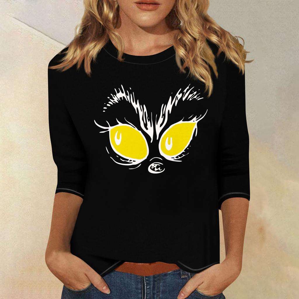 3/4 Sleeve Tops For Women T-Shirt Casual Christmas Print Tops T Shirt Round Neck Pullover Blouse