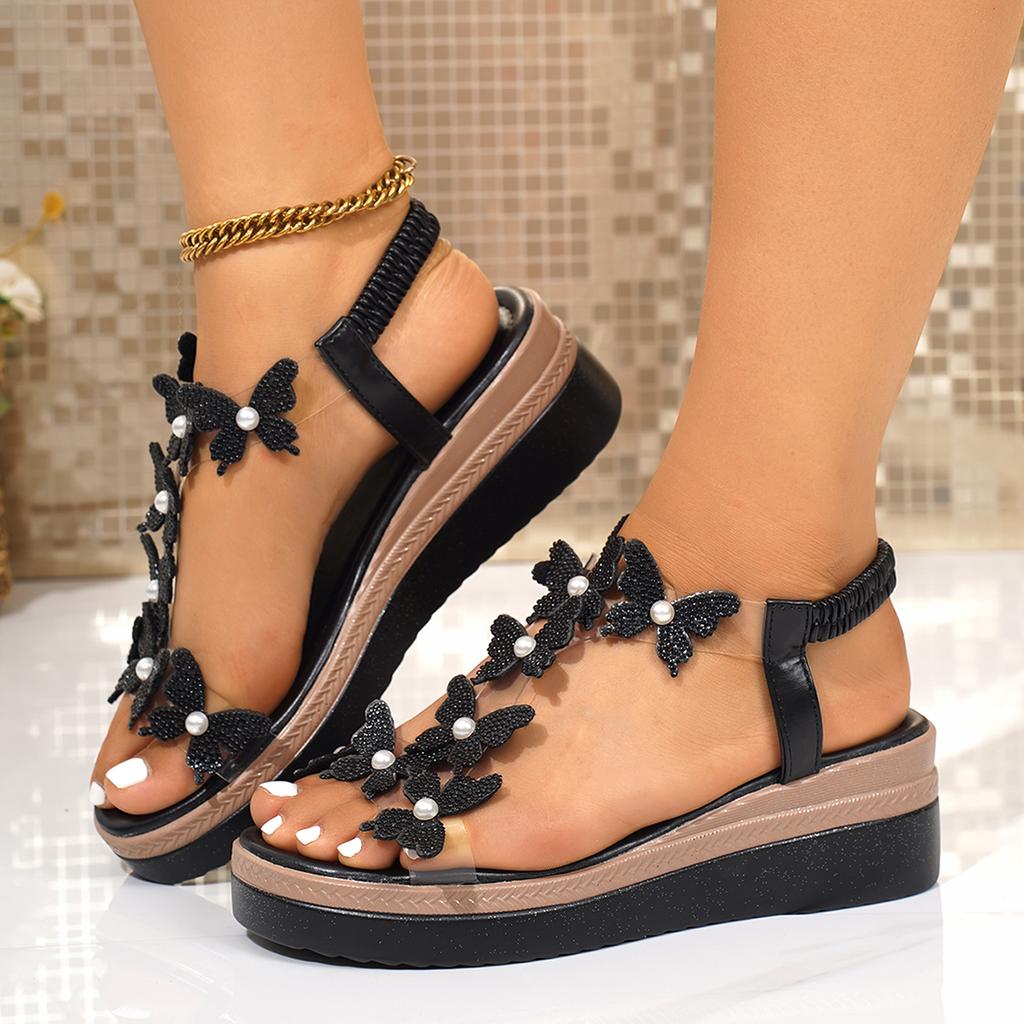 Модные женские сандалии 2025 Новые сабо на танкетке Женские сандалии на платформе с бабочкой из стразов Женские легкие сандалии на резинке