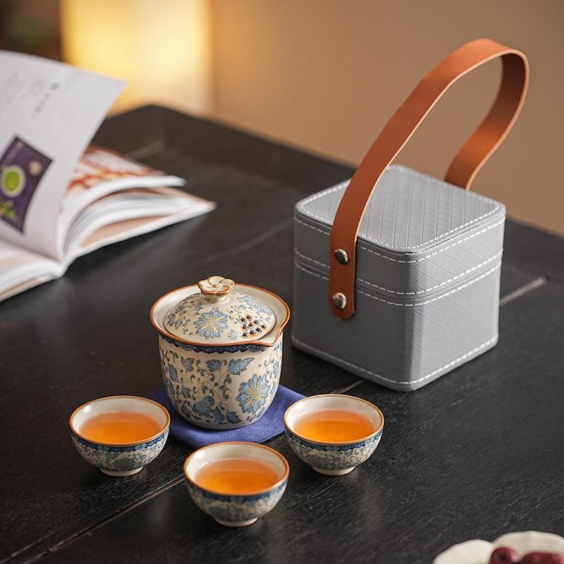 Blue and white Ru Kiln Kuaike Cup Wrapped Lotus One Pot Three Cups Travel Tea Set Portable Bag Outdoor Kung Fu Ceramics