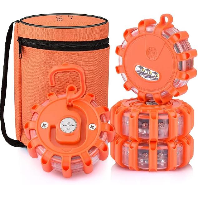 AK [6 Pack LED Road Flares Safety Flashing Warning Light Roadside Emergency Disc Beacon Kit For Vehicles Boats With Magnetic Base & Hook, Premium