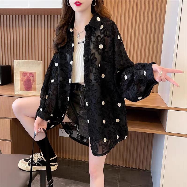 Plus Size Women Summer Long Sleeve Shirt Loose Thin Lace Sun Protection Jacket Korean Clothing Casual Oversized Cardigan Tops