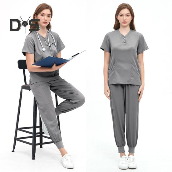 2Pcs/Set Unisex Hospital Uniform Set V-neck Short Sleeve Pockets Tops Elastic Waist Pants Set Quick Drying Hospital Dental Nursing Scrubs Uniforms