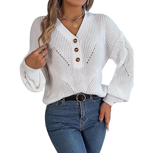 Женский свитер оверсайз с V-образным вырезом и длинными рукавами, ажурный пуловер, толстовка с пуговицами, топ