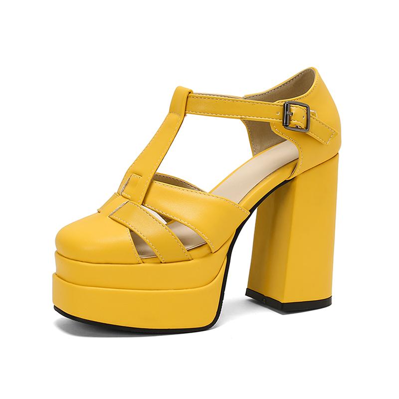 Большого размера Высокая водонепроницаемая платформа Плетеный тонкий ремень С боковыми вырезами Модные сандалии Супер высокий толстый каблук Сандалии с Т-образным ремешком