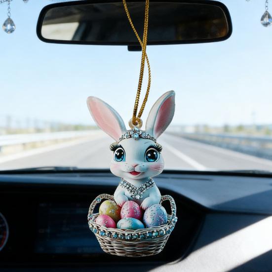 Easter Bunny Ornament 2D Flat Acrylic Bunny Car Rearview Mirror Charm Cartoon Bunny Egg Hanging