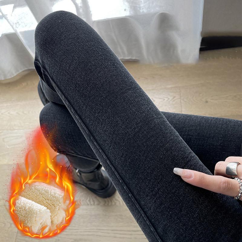 Джинсовые леггинсы большого размера с флисовой подкладкой и высокой талией для женщин - Весна/Осень Стройнящие Эластичные Скинни Брюки