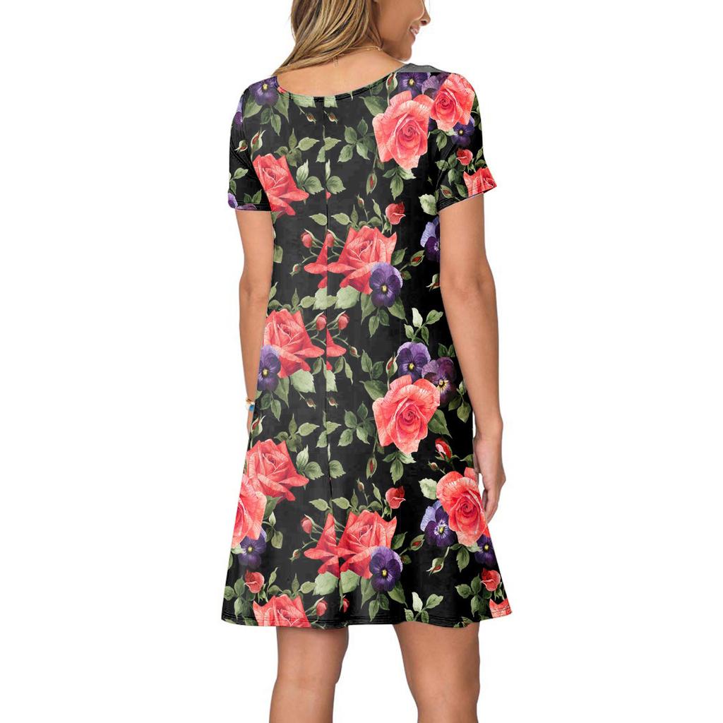 Women Summer Short Sleeve Flower Printed Pockets Sundress Casual Swing Dress