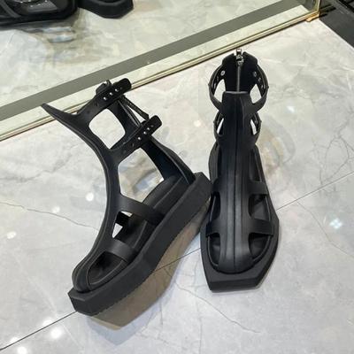 Инста-стиль Черный квадратный носок Клинья Женские Летние Сандалии Ботинки Повседневные Балетки Молния Гладиаторские Сандалии Девушки Массивная Обувь