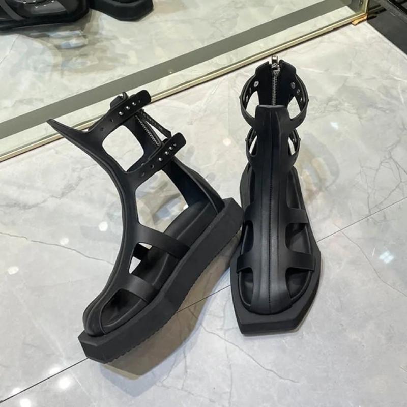 Инста-стиль Черный квадратный носок Клинья Женские Летние Сандалии Ботинки Повседневные Балетки Молния Гладиаторские Сандалии Девушки Массивная Обувь