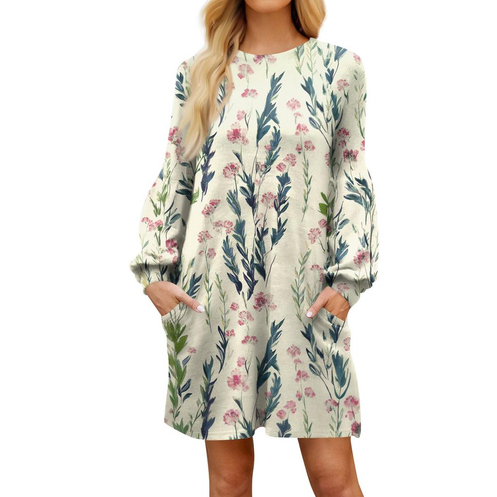 Модное женское платье трапециевидной формы с длинным рукавом. Осенний повседневный пуловер с круглым вырезом. Свободное платье с карманами.