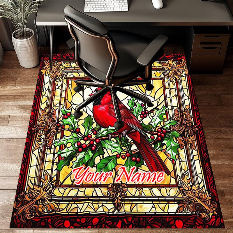1PC Custom Name Glass Cardinal Theme Floor Mat Ideal for Living Room, Game Rooms, Office, Bedroom, Floor Mat Playful Design