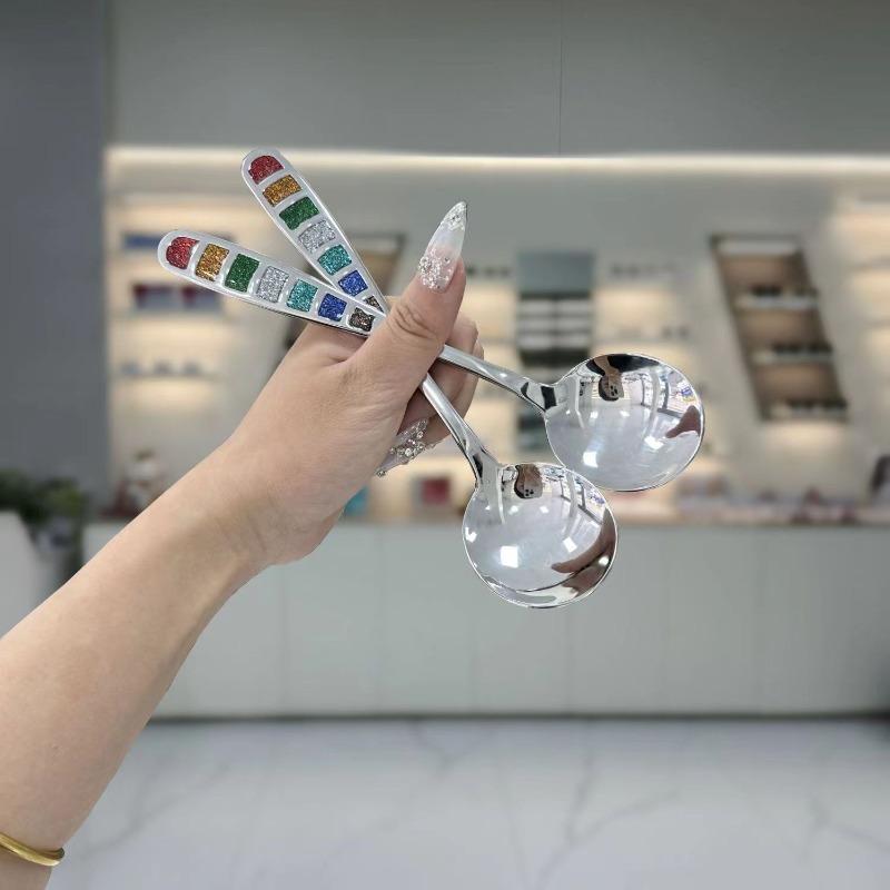 BEPAN 1/2PCS Stainless Steel Colorful Enamel Spoon European Noble Spoon Western Food Spoon Household Desserts Tableware