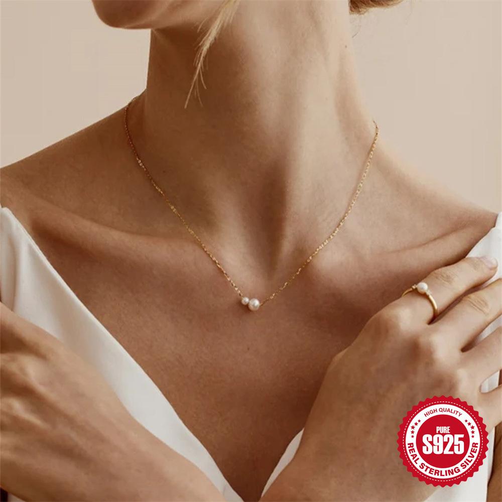 Ожерелье из стерлингового серебра 925 пробы с 2 жемчужинами, скользящее, ожерелье для подружки невесты, богемное винтажное женское ожерелье