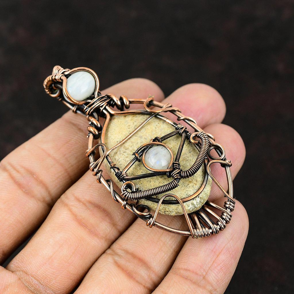 Дурной глаз ископаемый коралл драгоценный камень медная обертка ювелирные изделия ручной работы женский кулон лунный камень кулон от дурного глаза ювелирные изделия подарок для матери проволочные украшения