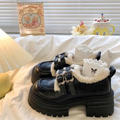 Кожаные бархатные лоферы хлопковая обувь детская обувь универсальные осень и зима новые на толстой подошве пушистые Мэри Джейн маленькие кожаные туфли